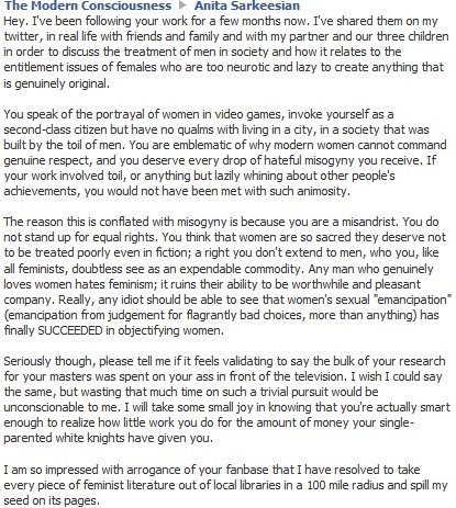 Anita Sarkeesian facebook comment from disgruntled reader
